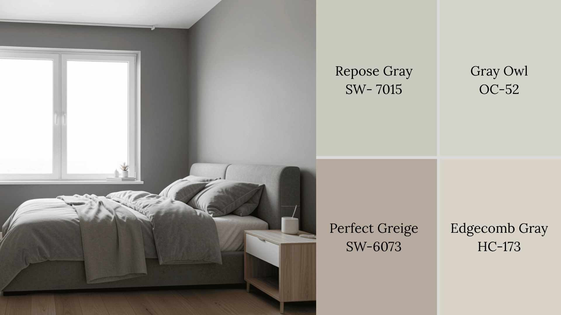 Light gray colors make a room look bigger, seen with Repose Gray, Gray Owl, Perfect Greige, and Edgecomb Gray swatches
