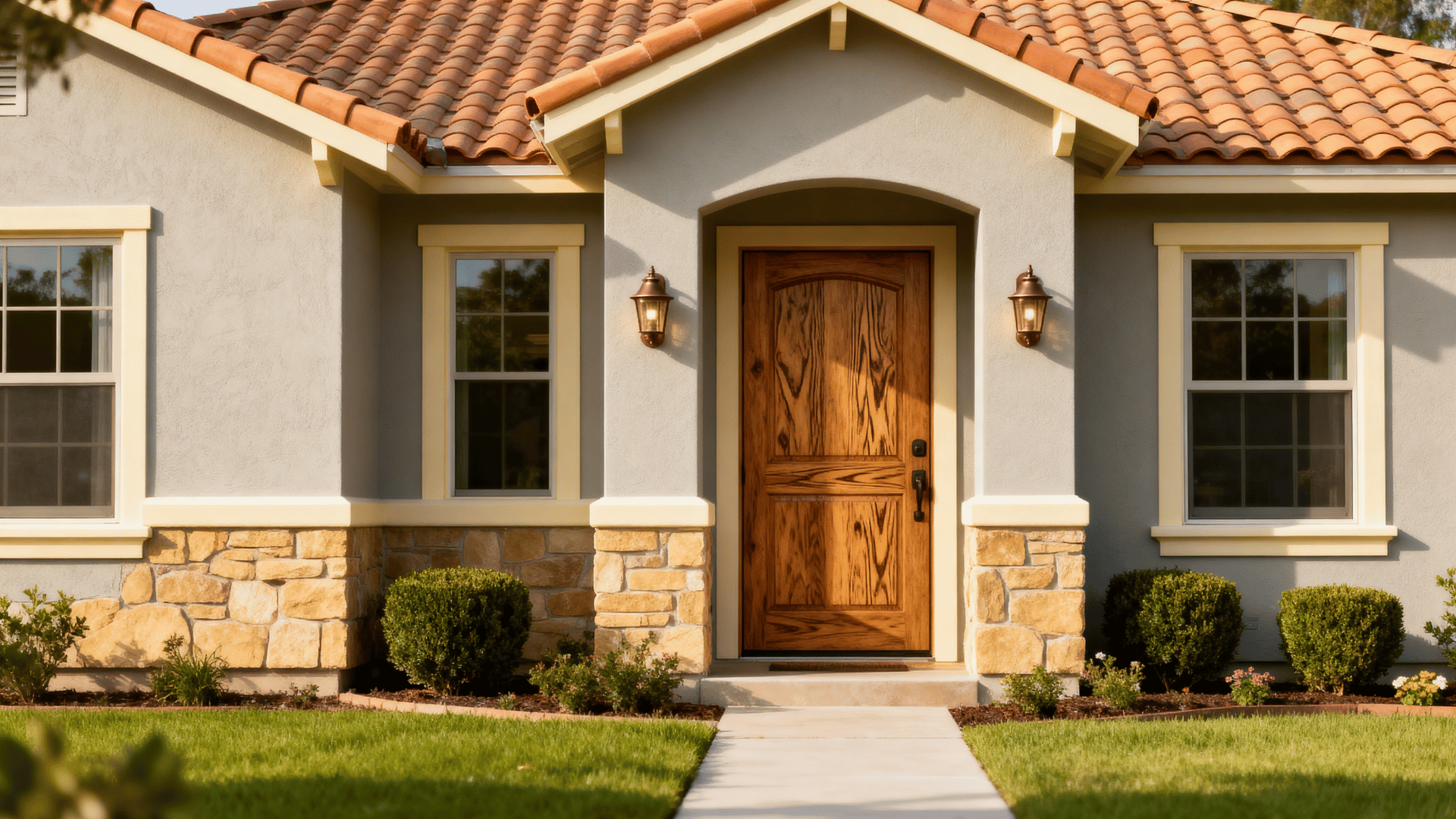 light greige ranch home with cream trim, tan stone accents, wood front door, bronze lights, and warm roof