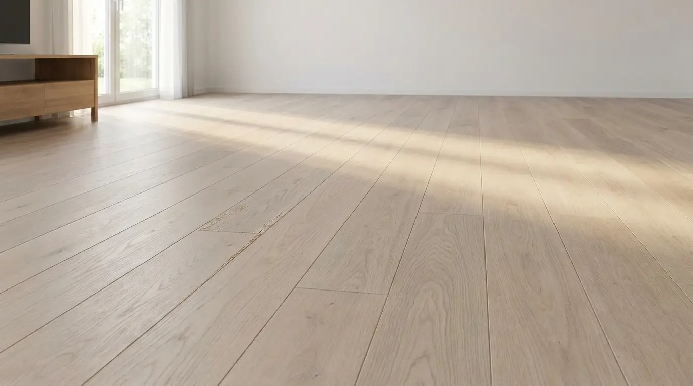 Sunlit empty room with light wood flooring and minimal wooden furniture