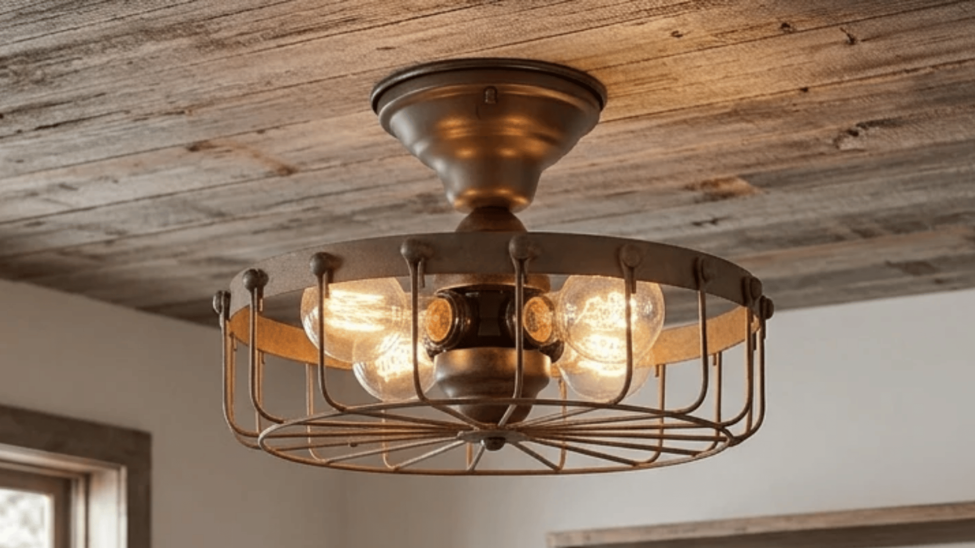 A vintage-style cage ceiling light with exposed Edison bulbs and an aged bronze finish mounted on a rustic wood plank ceiling.