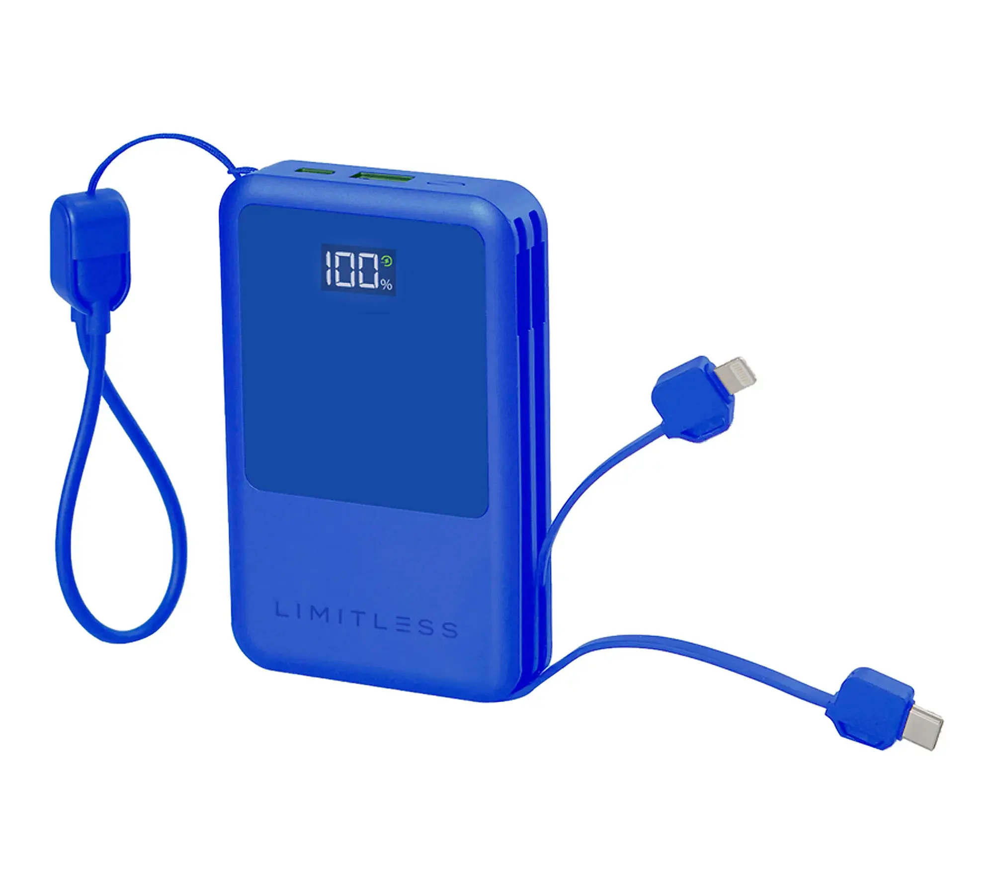 Blue portable power bank with digital display and attached charging cables against white background