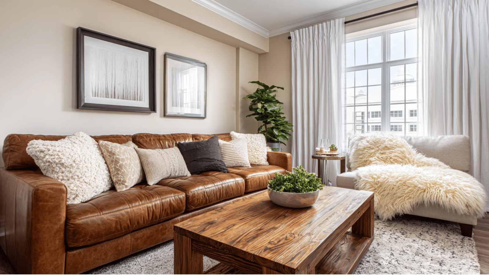 Living room with Accessible Beige walls, leather sofa, wood furniture, and cozy neutral decor