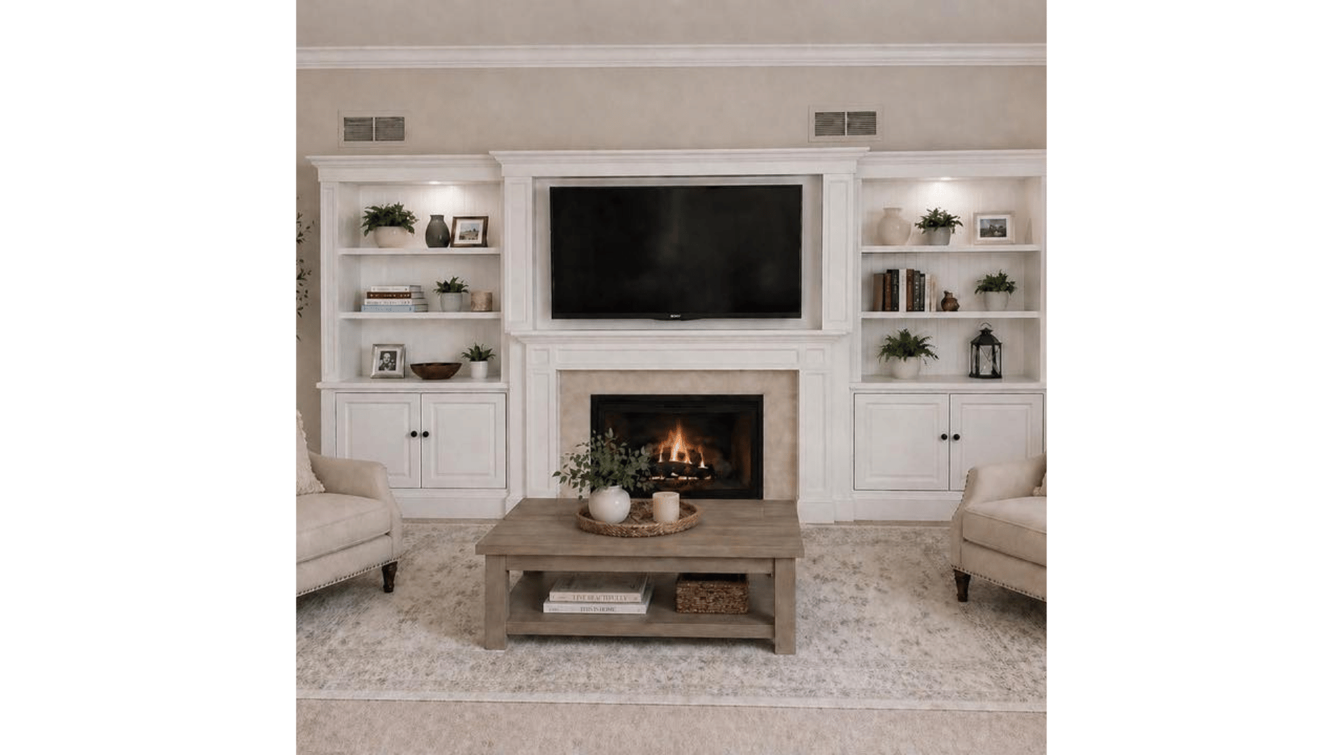living room with fireplace and tv arranged