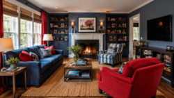 living room with mat floor books tv and fireplace-250x250