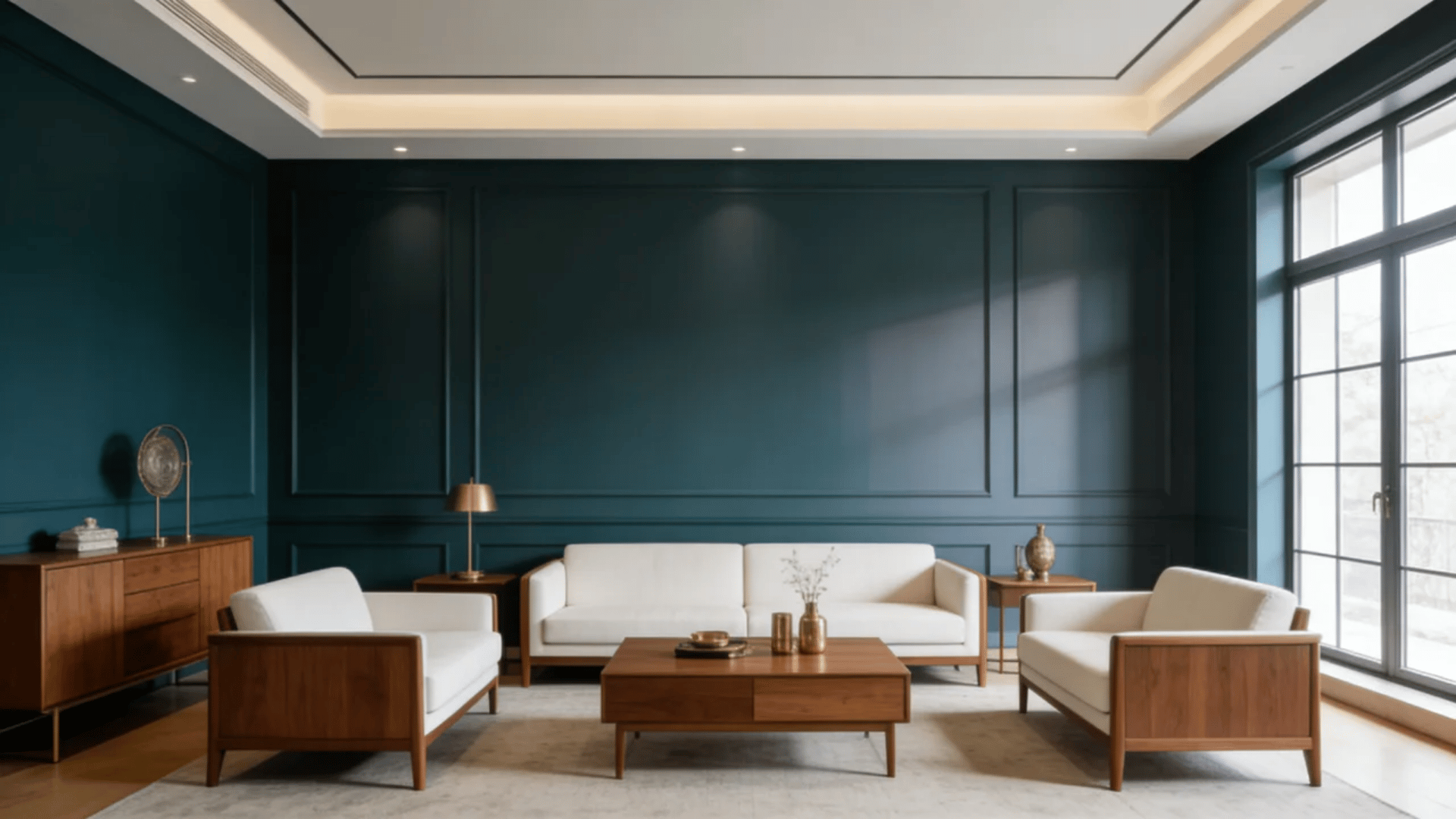 Living room with deep navy-blue walls, warm wood furniture, white seating, and soft natural lighting from large windows.