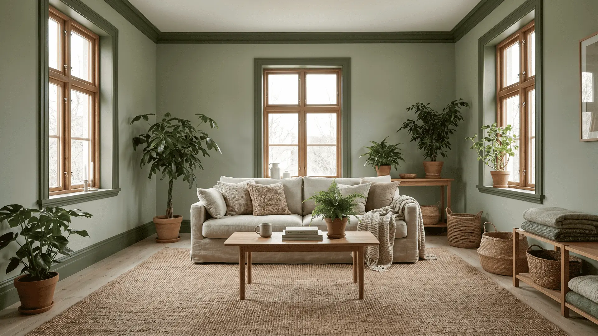 living-room-with-sage-green-walls-moss-trim-wooden-furniture-woven-textures-indoor-plants-and-soft-natural-lighting