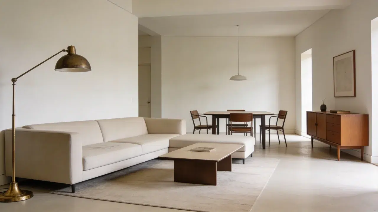 Living room with sofa and table in one consistent style forming the base layout