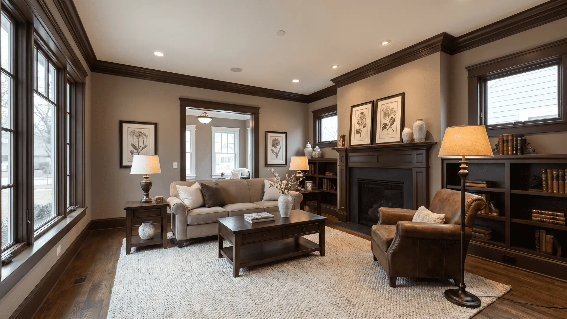 living-room-with-taupe-walls-chocolate-brown-trim-dark-wooden-furniture-leather-accents-and-warm-lighting