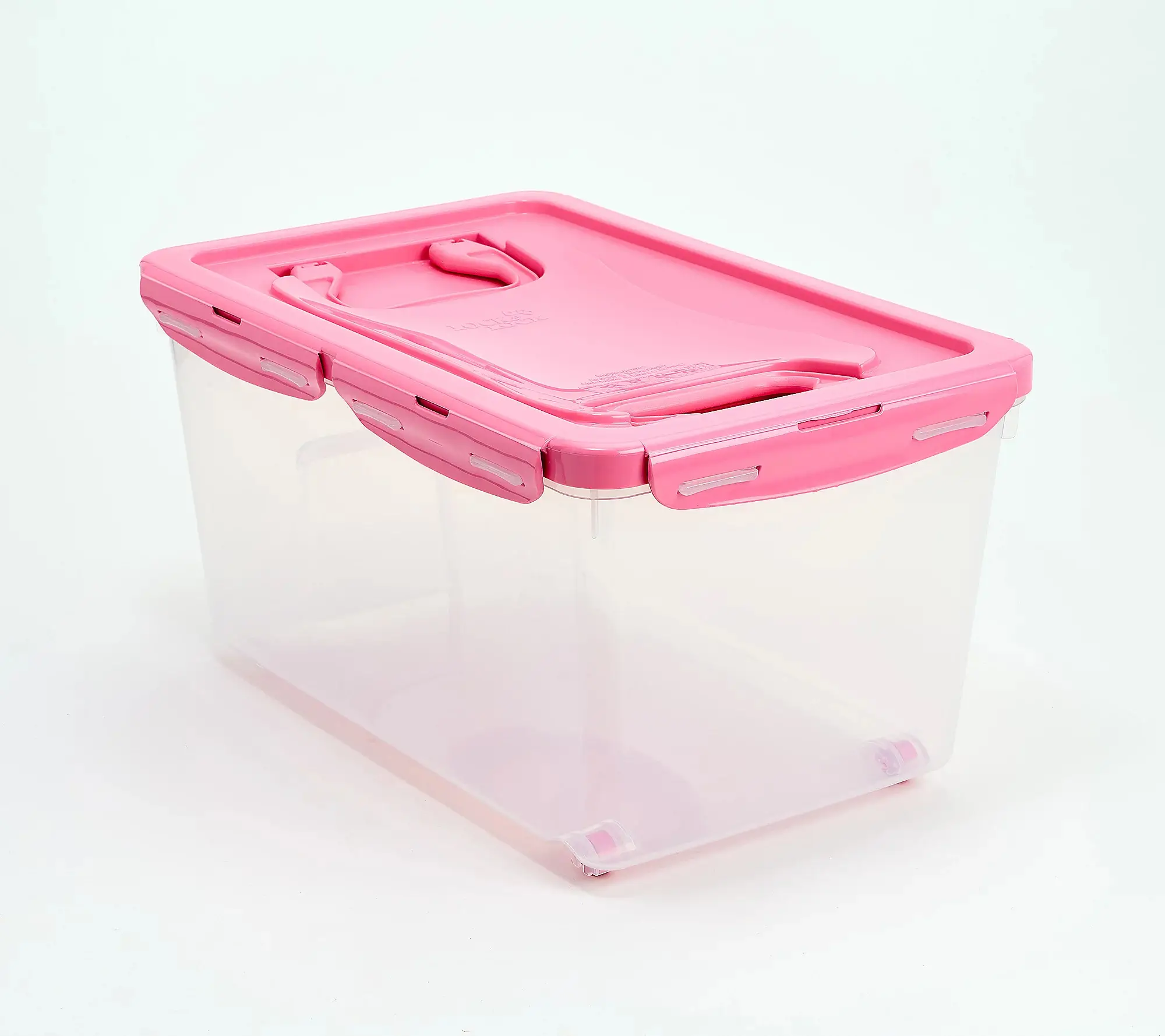 Clear plastic storage box with pink lid and latches on white background