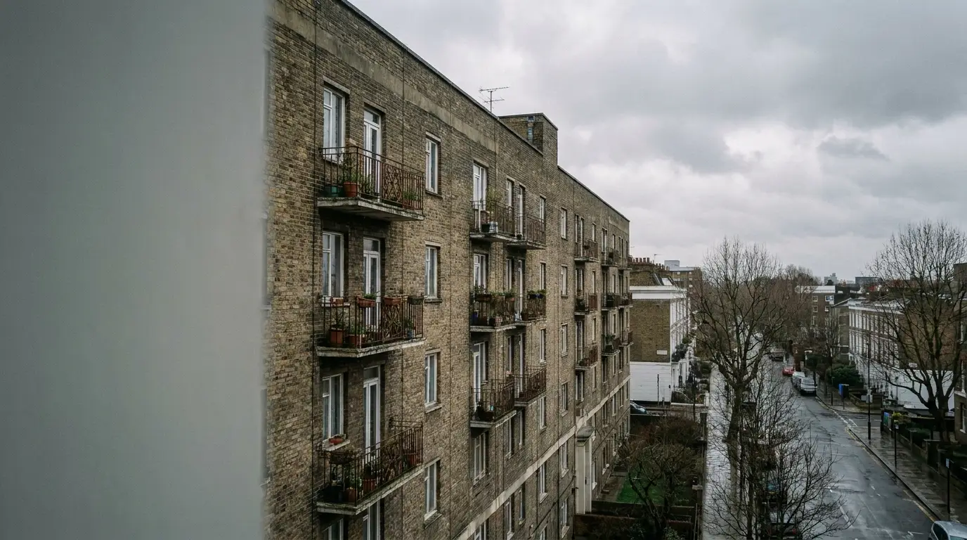 Brick apartment building with balconies overlooking a quiet street on an overcast day