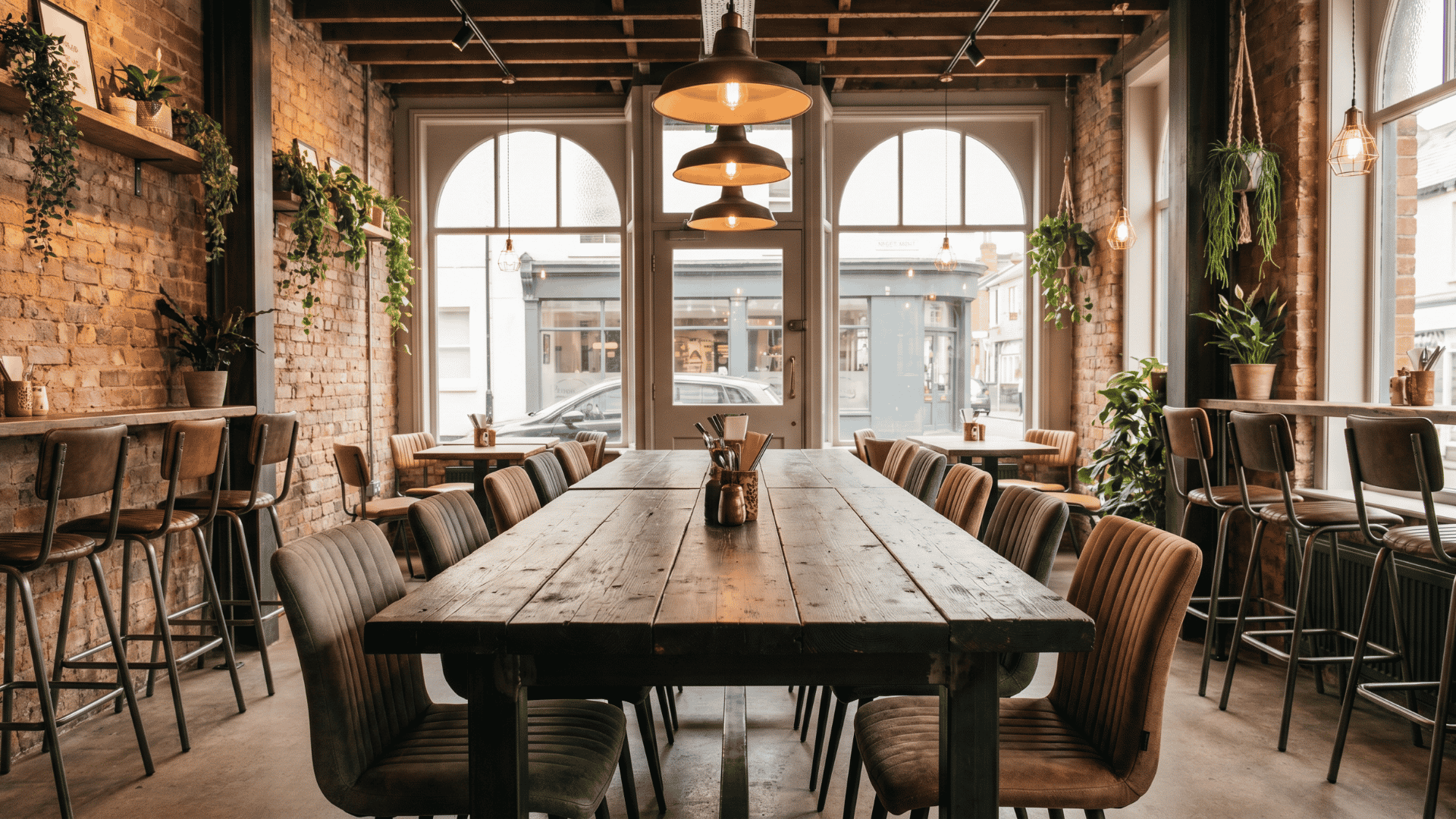 Long reclaimed wood table with shared seating in a modern cafe interior
