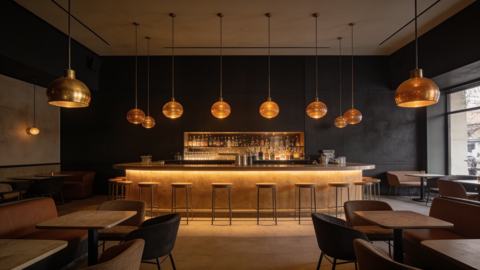 Lounge interior with dark walls, a lit bar counter, and brass pendant lights at varying heights over seating areas.