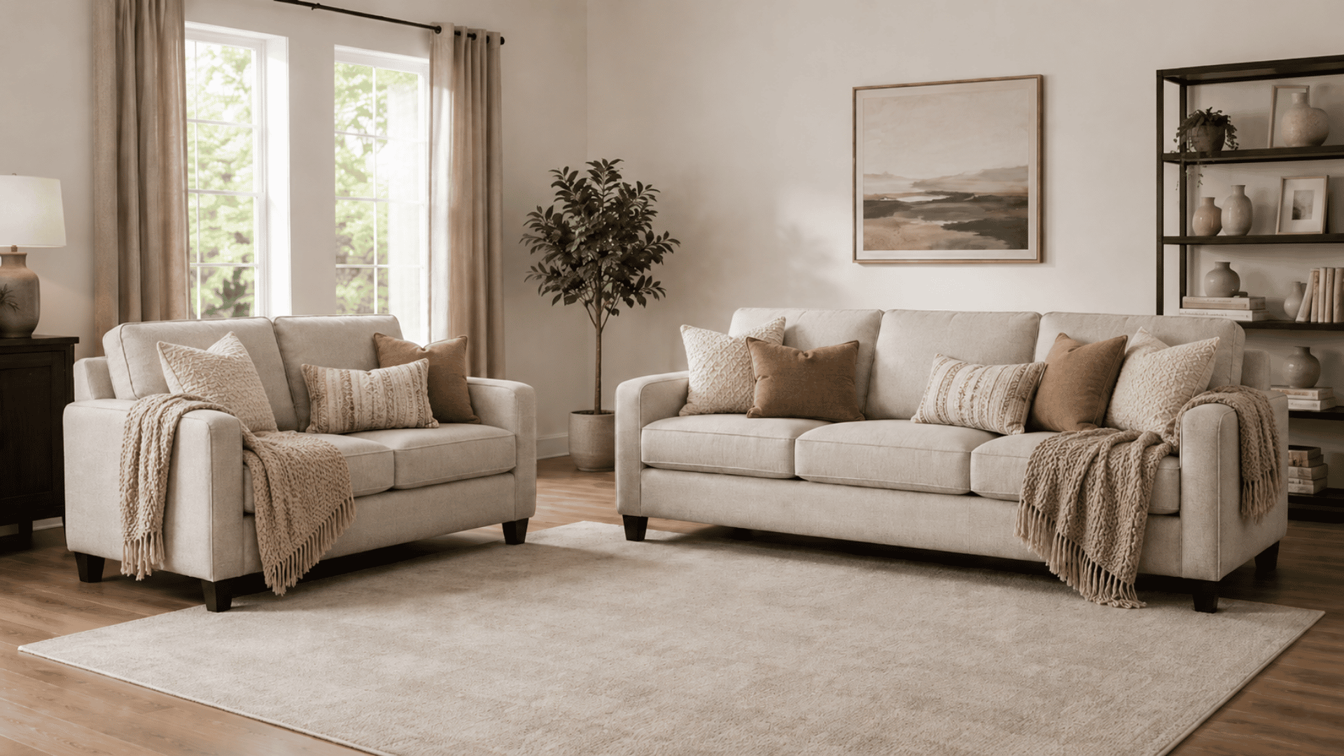 loveseat-and-sofa-with-throw-pillows-and-blankets-in-a-neutral-living-room