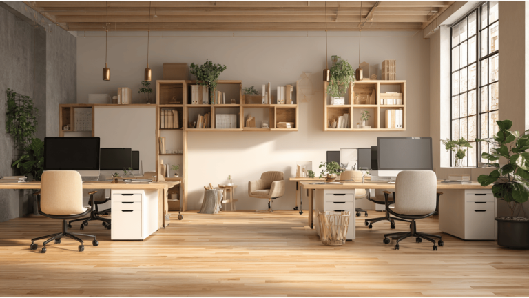 Low-budget small office interior with modern space-saving design.