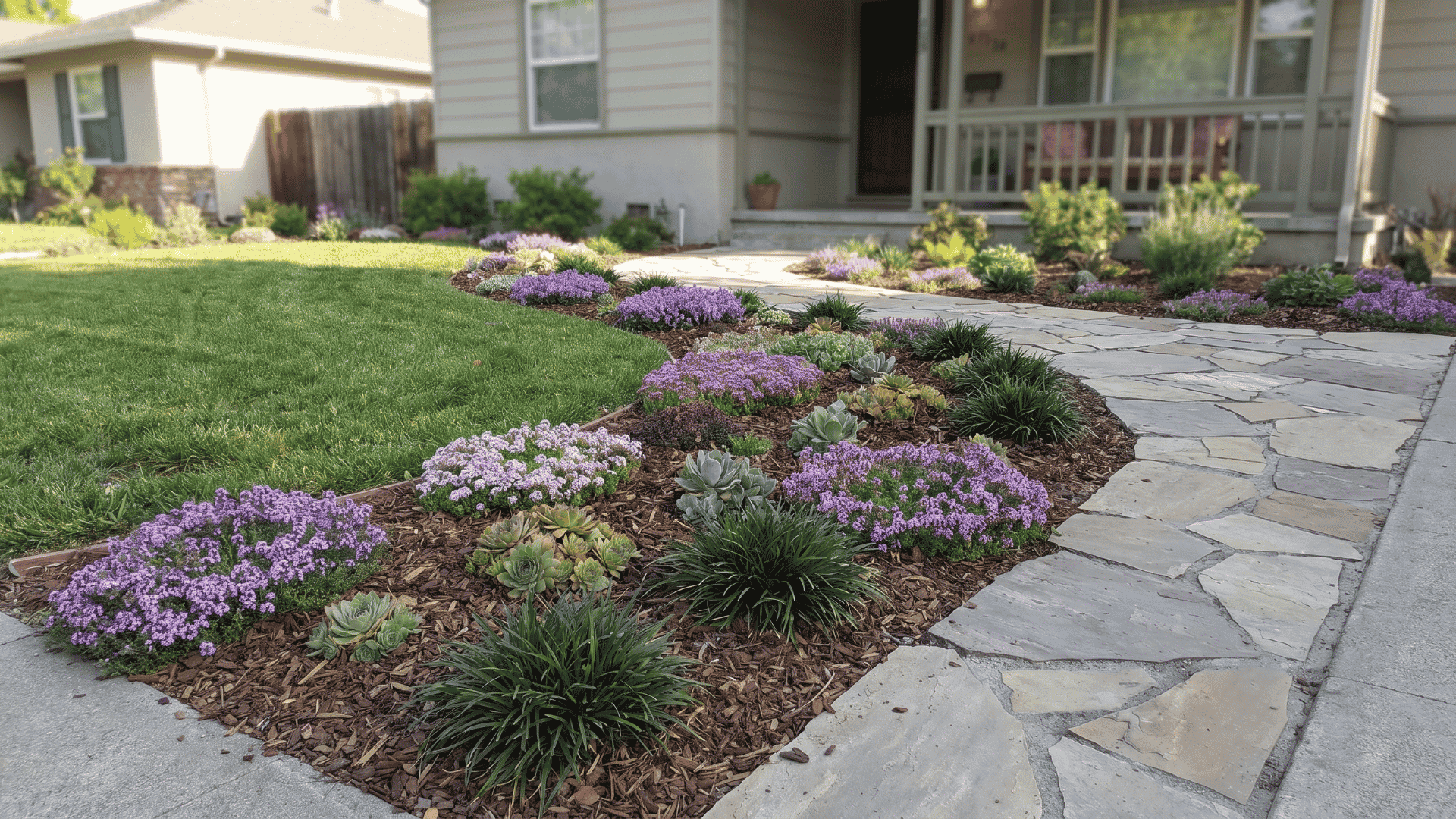 Low-growing ground cover plants filling bare soil in a front yard.