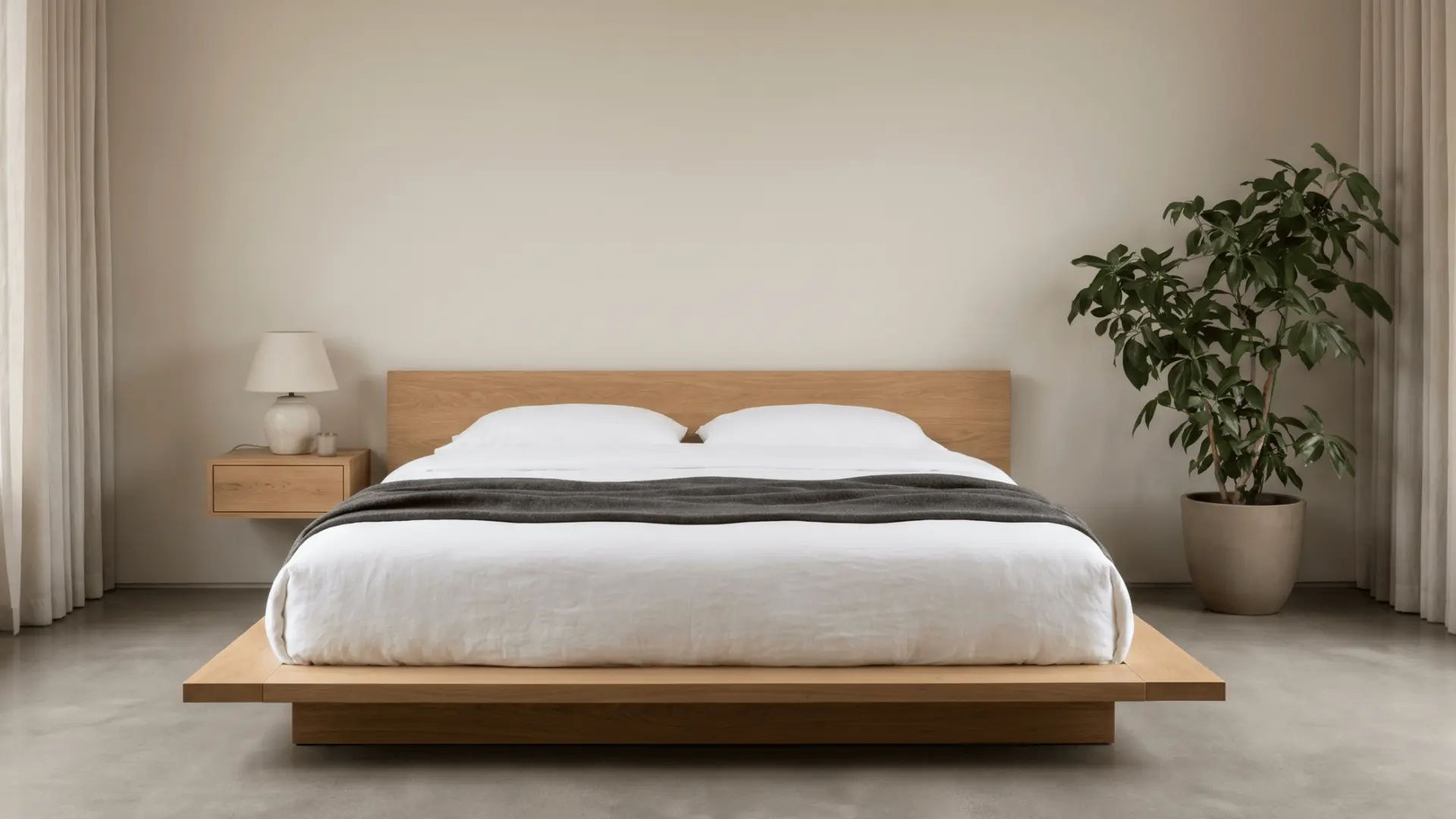 low-profile platform bed with simple frame placed close to the floor in a minimalist bedroom