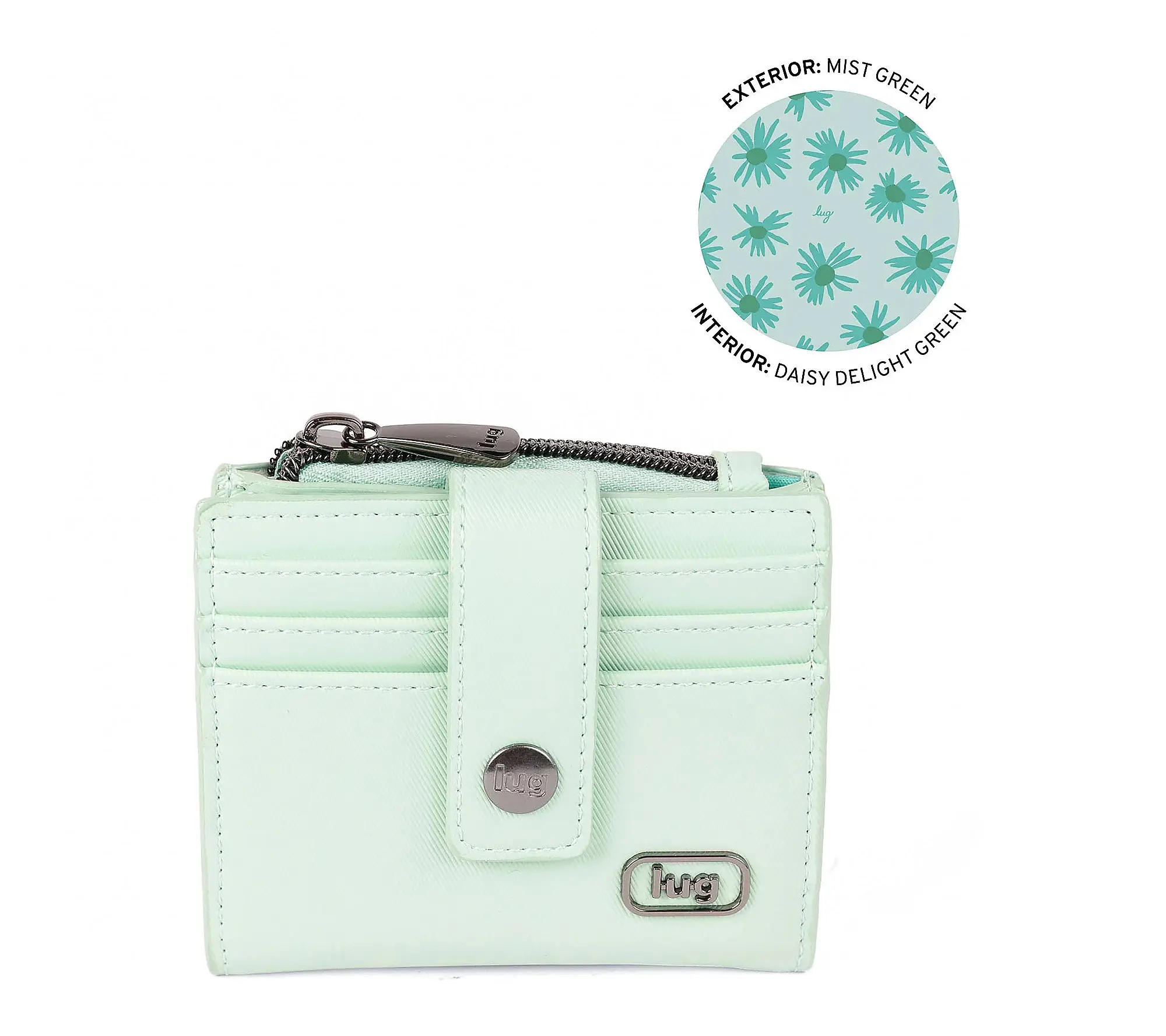Light green wallet with zipper and card slots, metal details, and interior pattern design shown