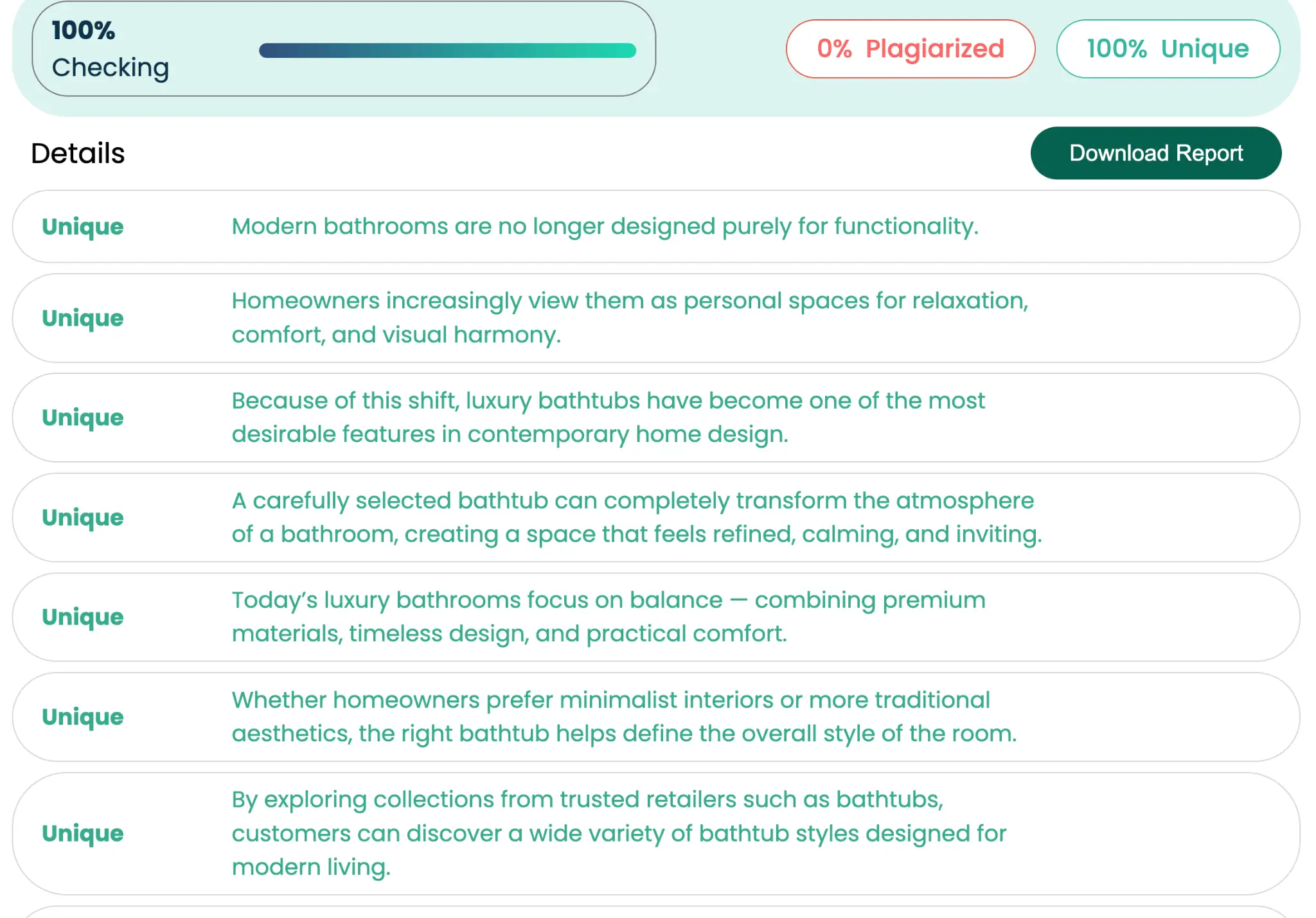 Plagiarism checker analysis with unique content statistics and download report button on a digital screen