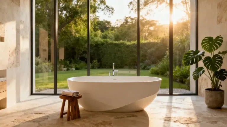 Freestanding bathtub in luxury bathroom with floor-to-ceiling windows overlooking garden