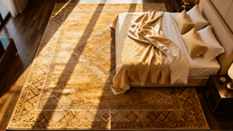 luxury master bedroom with oversized patterned rug under king bed, highlighted by warm sunlight and rich textured details