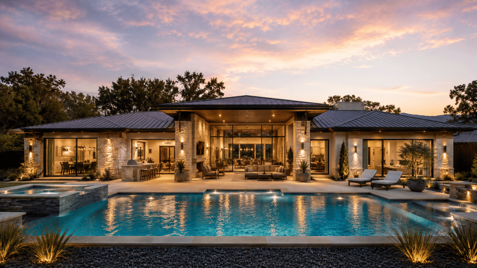 luxury modern ranch house with a large swimming pool, floor-to-ceiling windows, stone exterior, and outdoor living space at sunset.