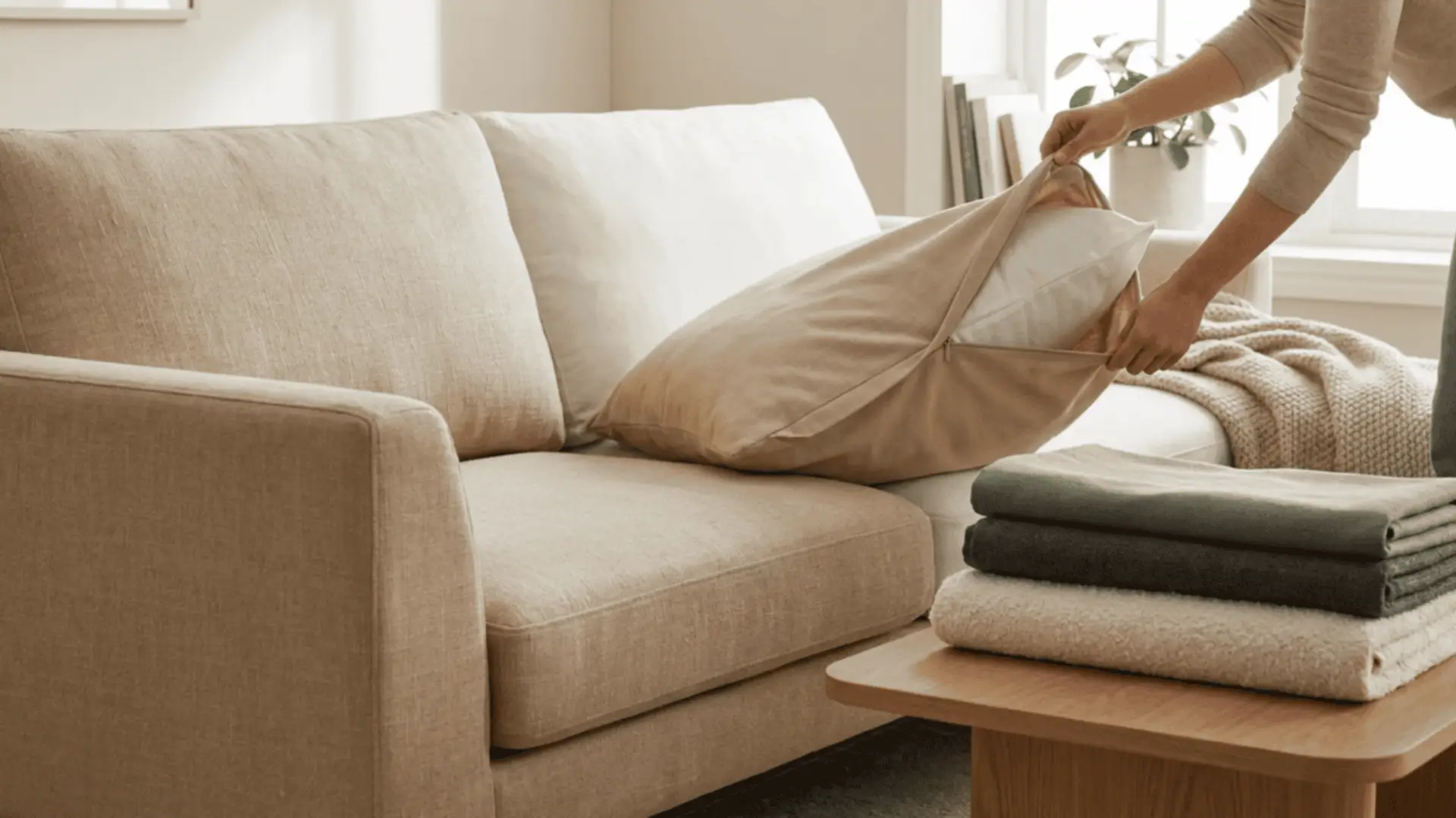 Beige sofa with person adjusting pillow in cozy living room setting with folded blankets nearby