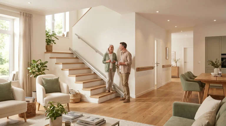 Couple holding mugs and talking on staircase in modern living room with warm lighting