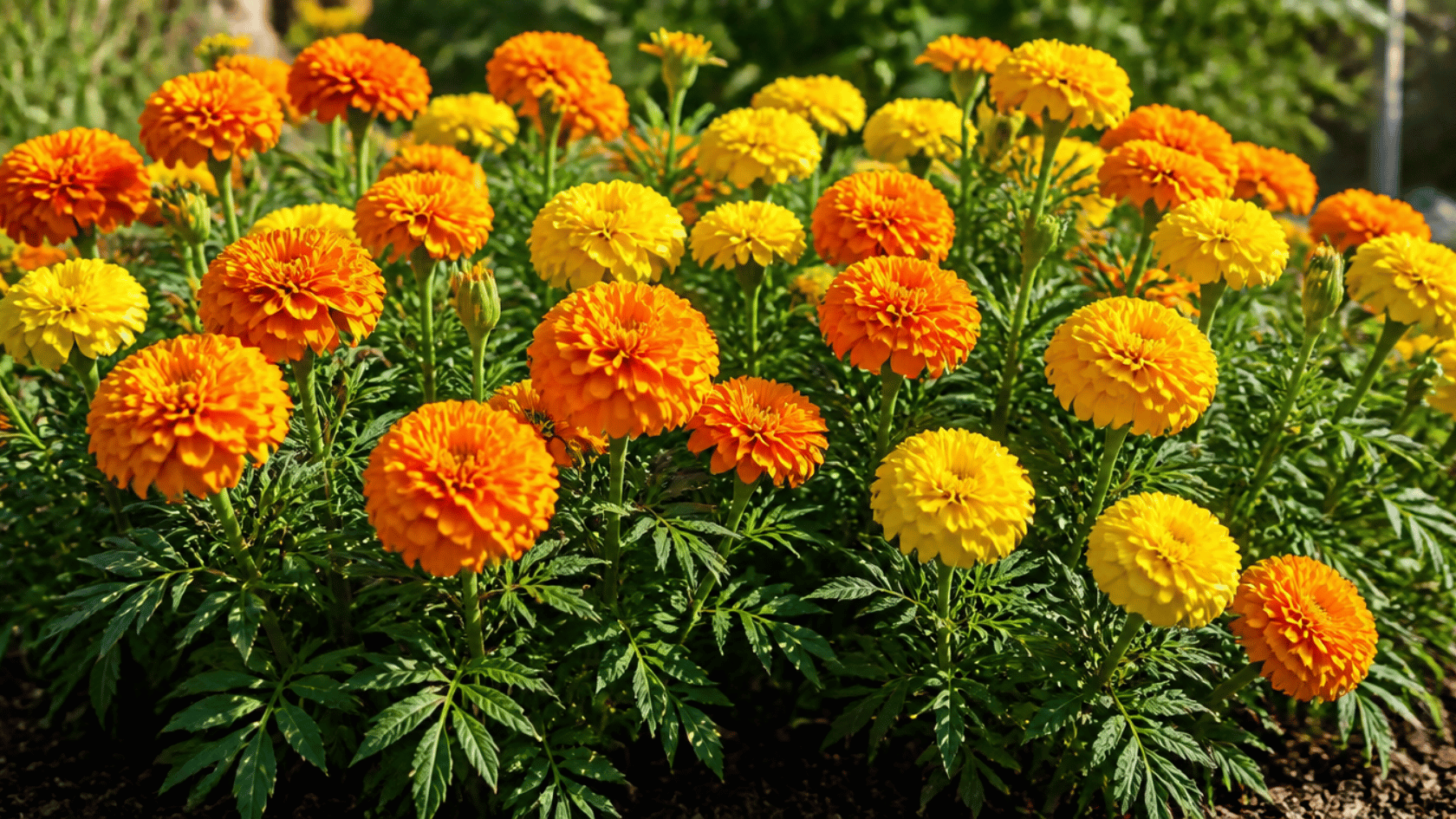 Marigold plants blooming in direct sunlight in an outdoor garden bed