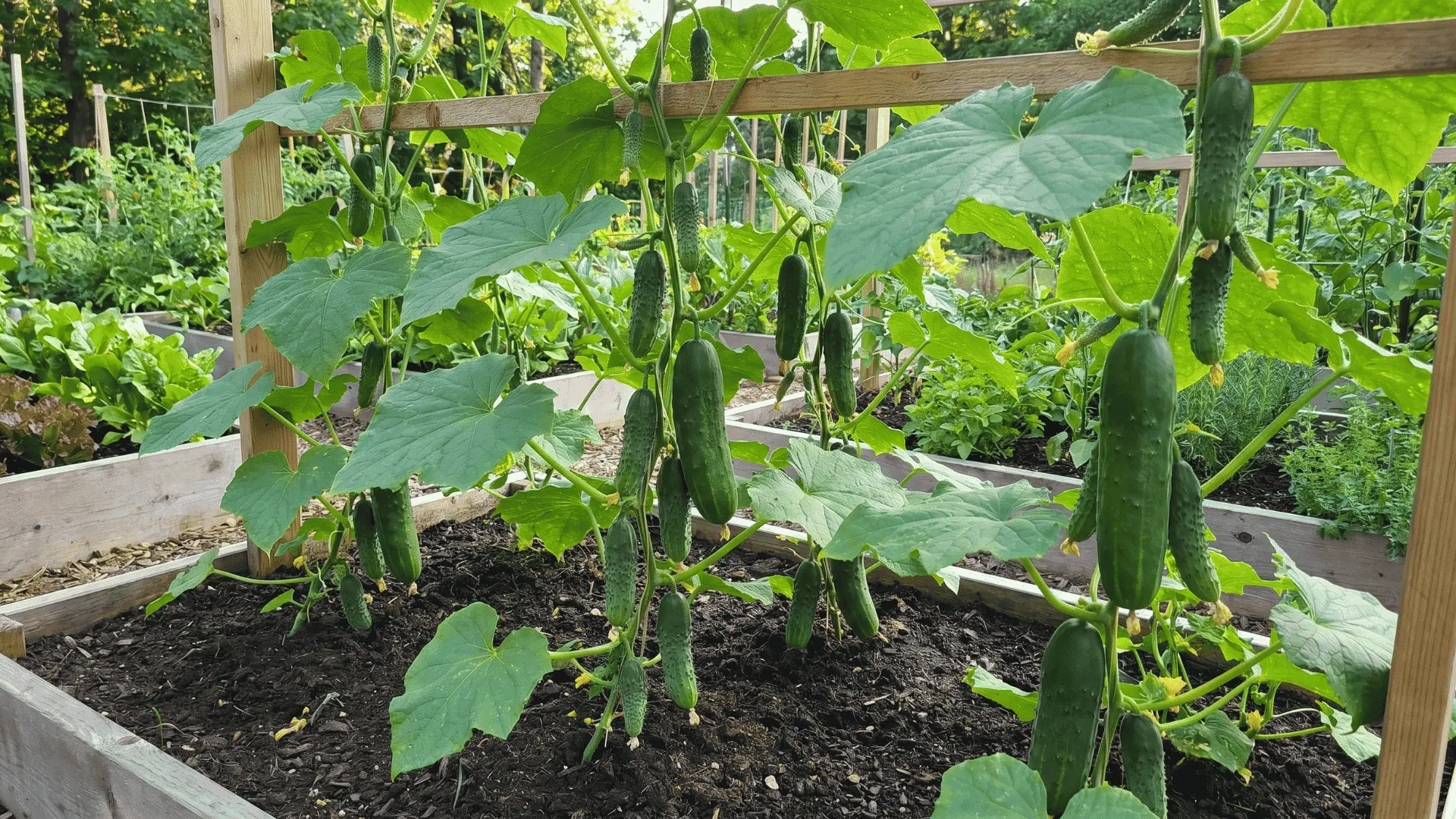 mature-cucumber-plants-growing-on-a-wooden-trellis-in-raised-garden-beds-with-healthy-green-leaves-and-hanging-cucumbers