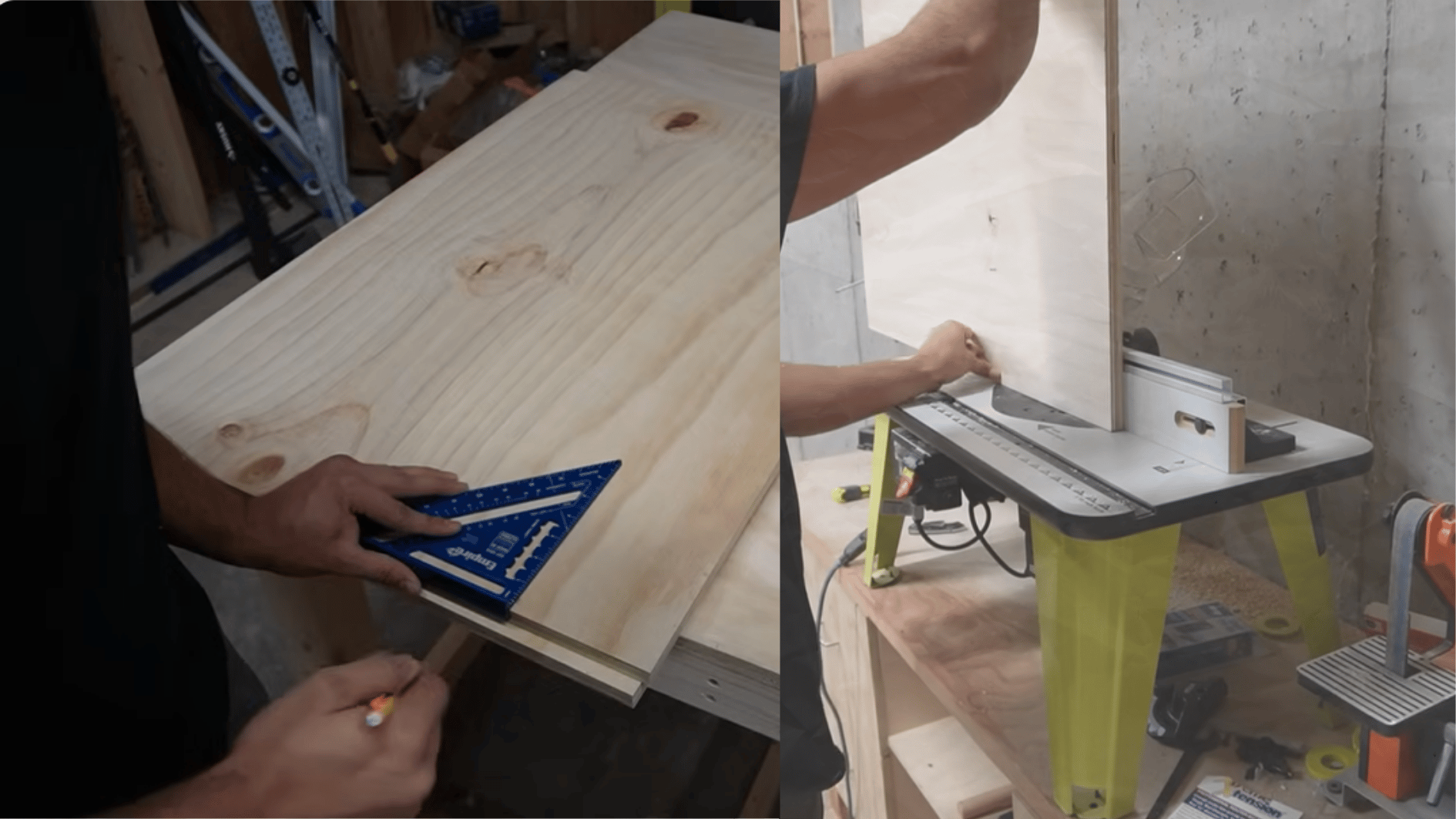 measuring and cutting wood panels with a speed square and table saw while preparing parts for diy kitchen cabinets.