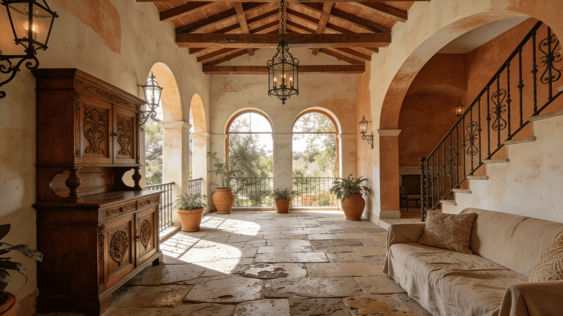 Mediterranean interior room with stone floor, limewash walls, carved wood furniture, and wrought iron details.