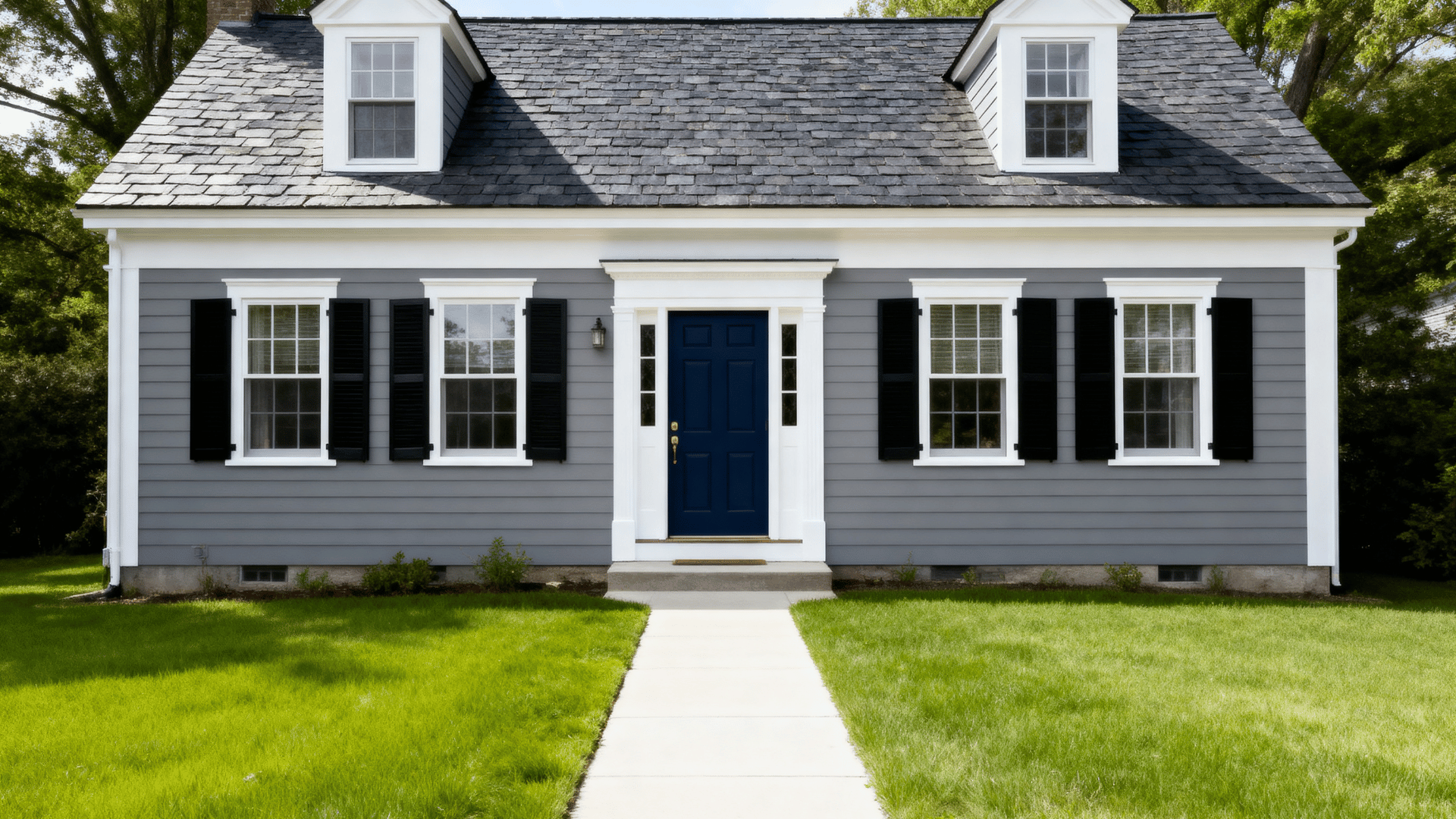 medium gray colonial home with white trim, black shutters, slate roof, navy door, and clean front walkway