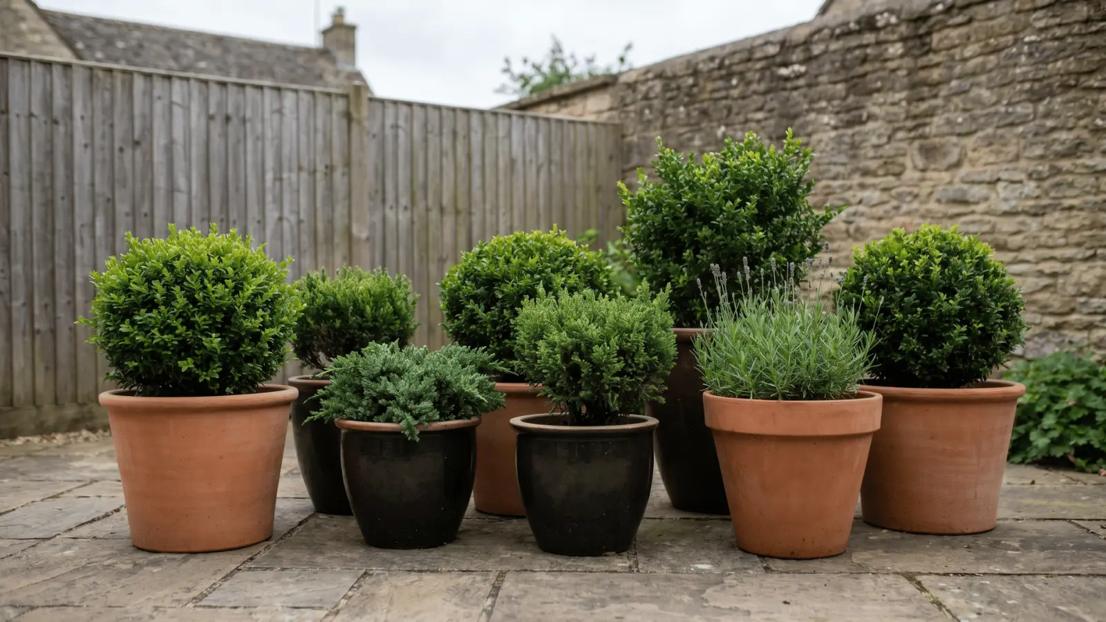 Medium pots with compact shrubs on a small patio