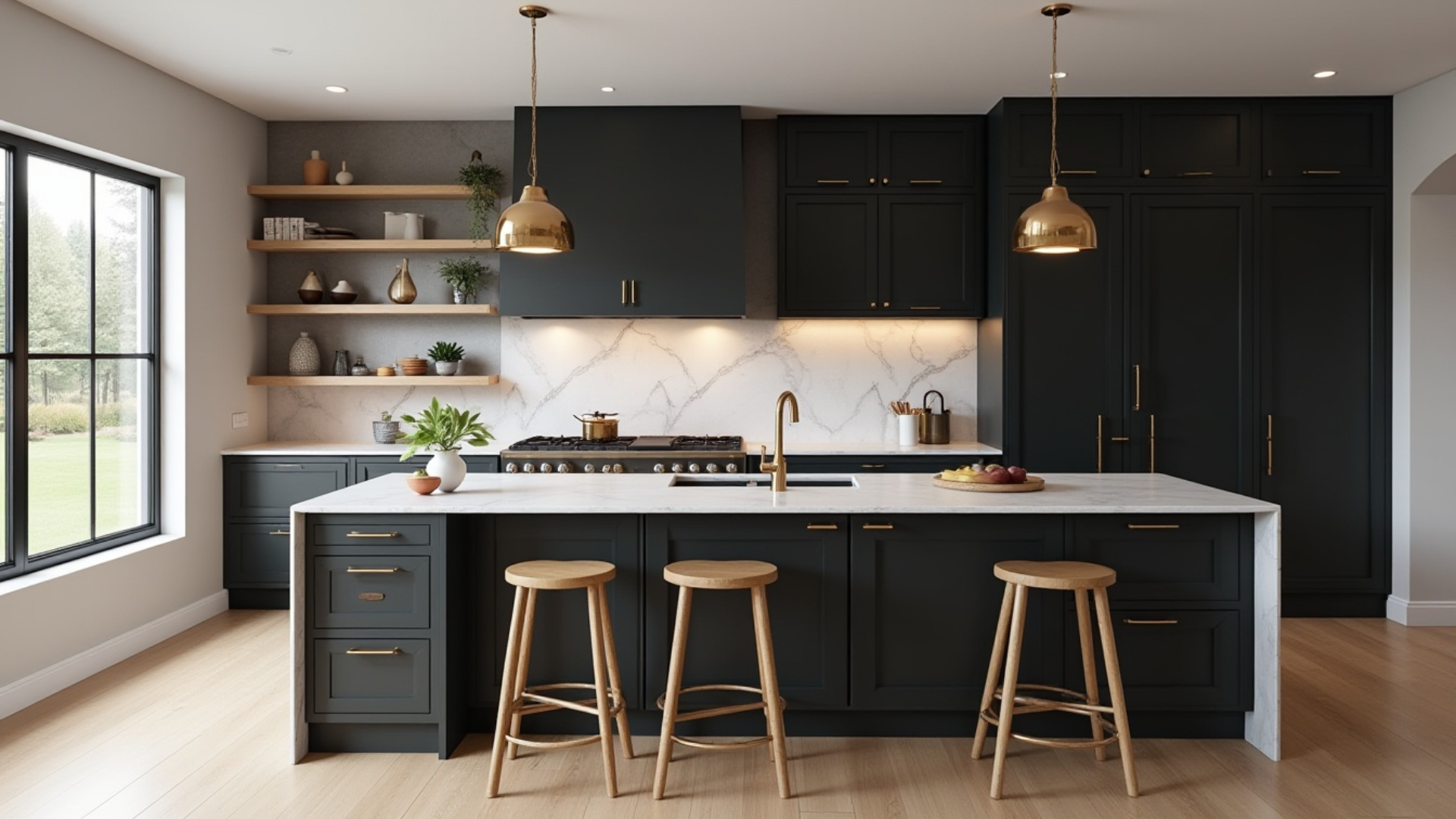midnight black dark cabinets with light oak flooring and champagne gold accents in a modern kitchen
