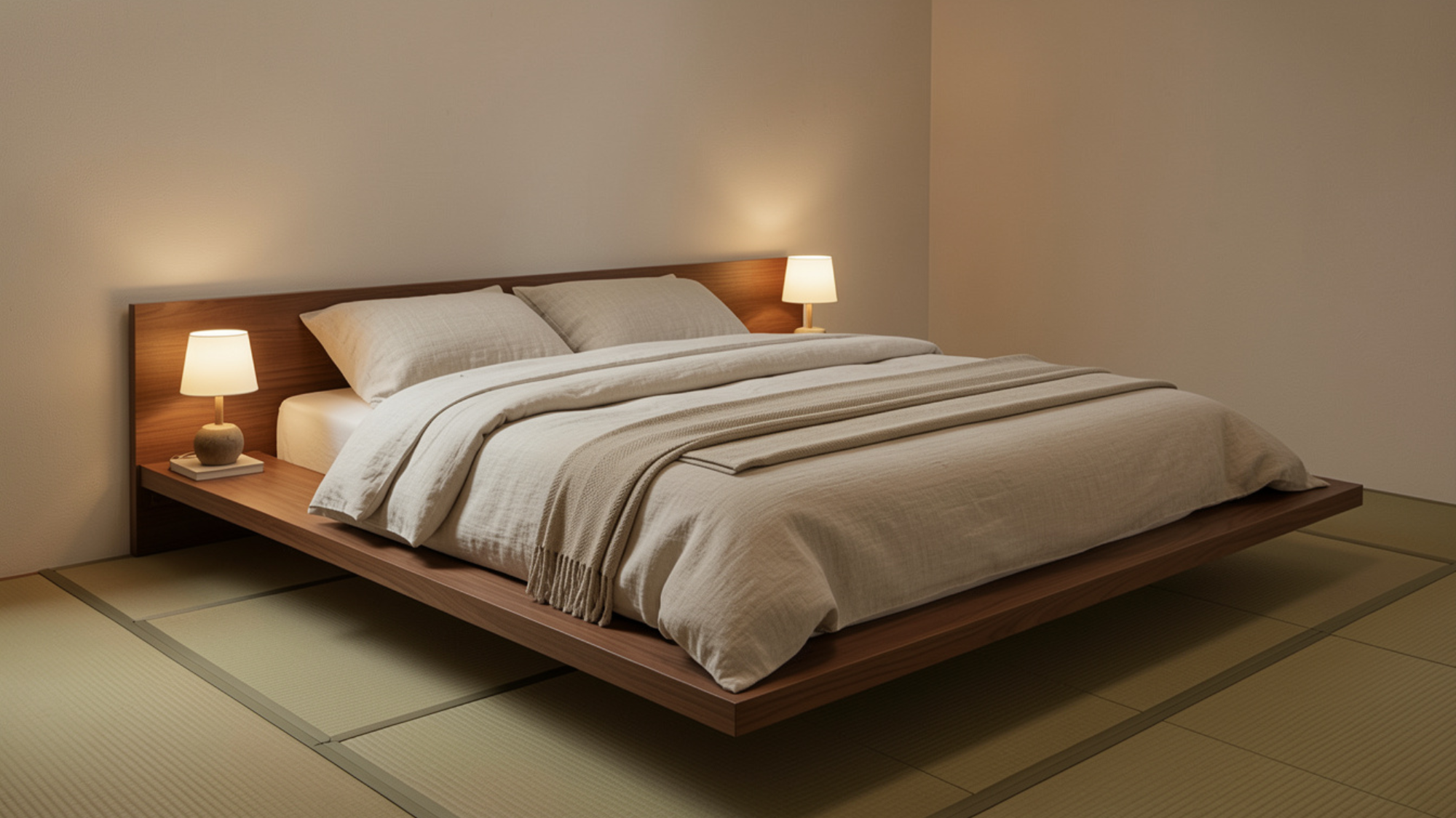 minimal japanese bedroom with low wooden platform bed