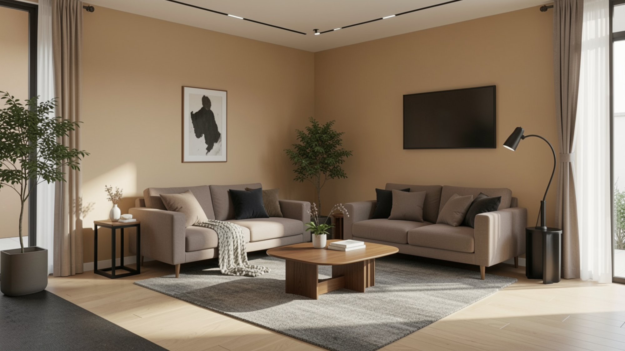 Minimal Japanese living room with recessed warm lighting hidden LED strips soft shadows paper pendant lamp textured wood and stone surfaces cozy atmospheric evening interior ultra realistic photog