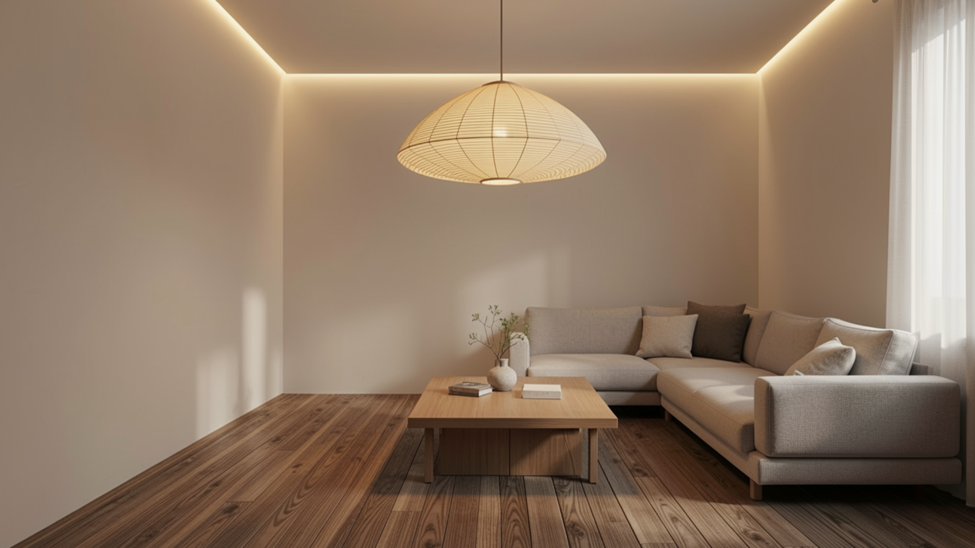 minimal japanese living room with warm ambient lighting