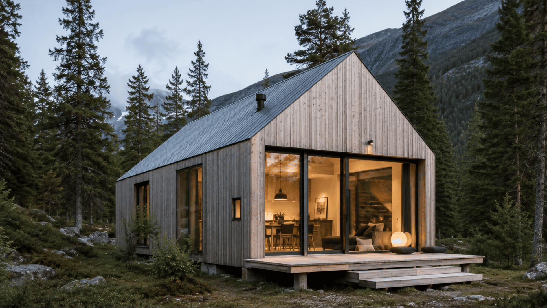 Minimal larch-clad cabin with weathered wood exterior and large glass windows glowing with warm interior light in a peaceful mountain forest setting.