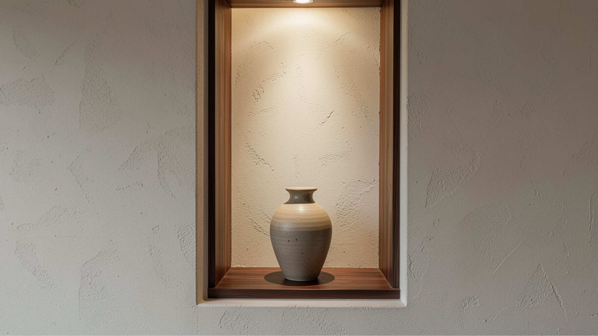 minimal tokonoma wall niche with ceramic vase and warm light