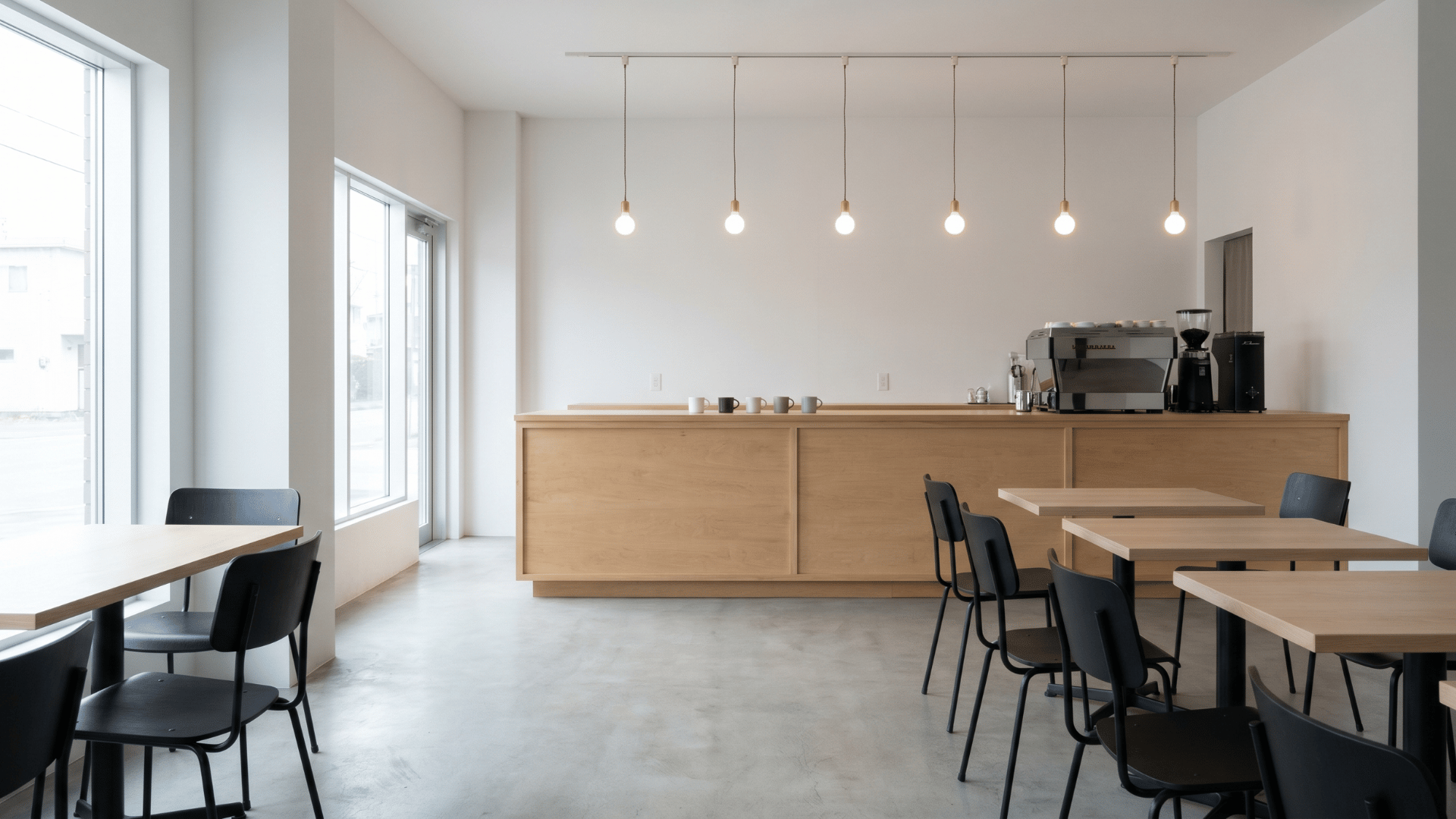 Minimalist coffee shop with white walls, wood furniture, and warm lighting