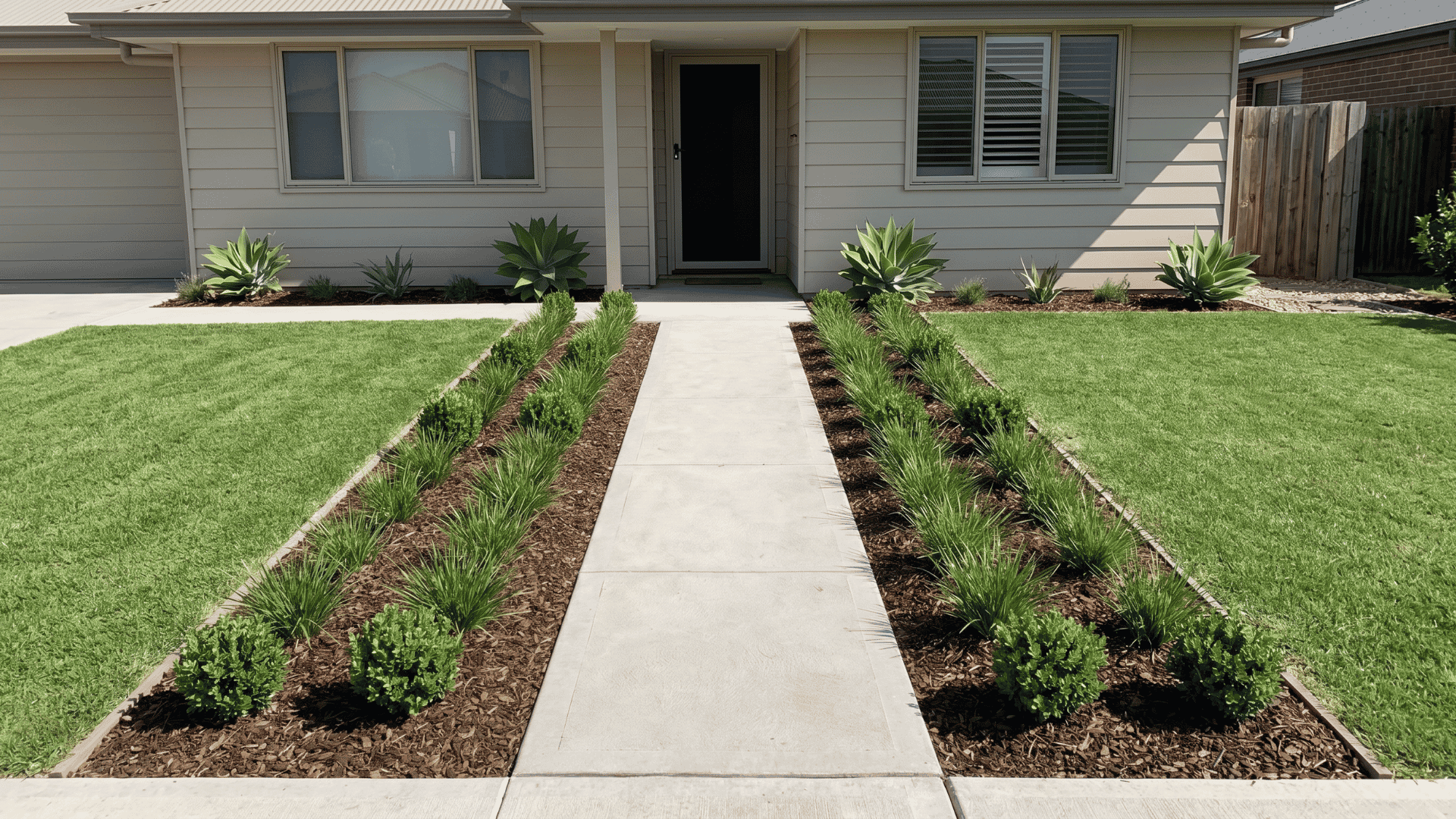 Minimalist front yard with repeated plants, mulch, and clean layout.