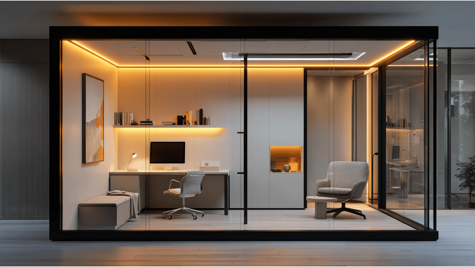 Minimalist glass office cabin with warm lighting.