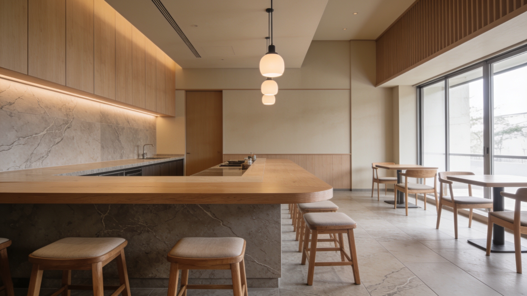 Minimalist Japanese restaurant interior with a timber counter, matte stone surfaces, and simple counter-style seating.