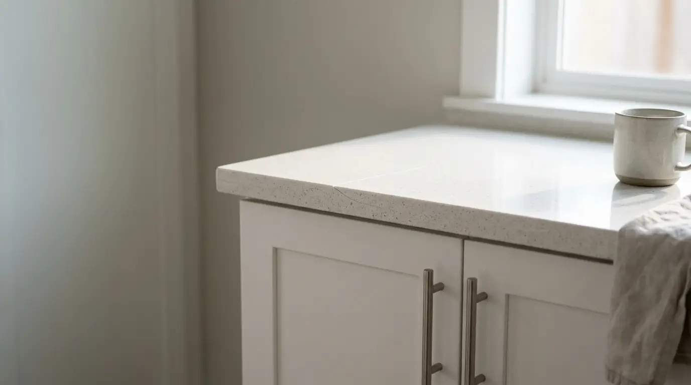 Beige ceramic mug on speckled white countertop in sunlit kitchen corner