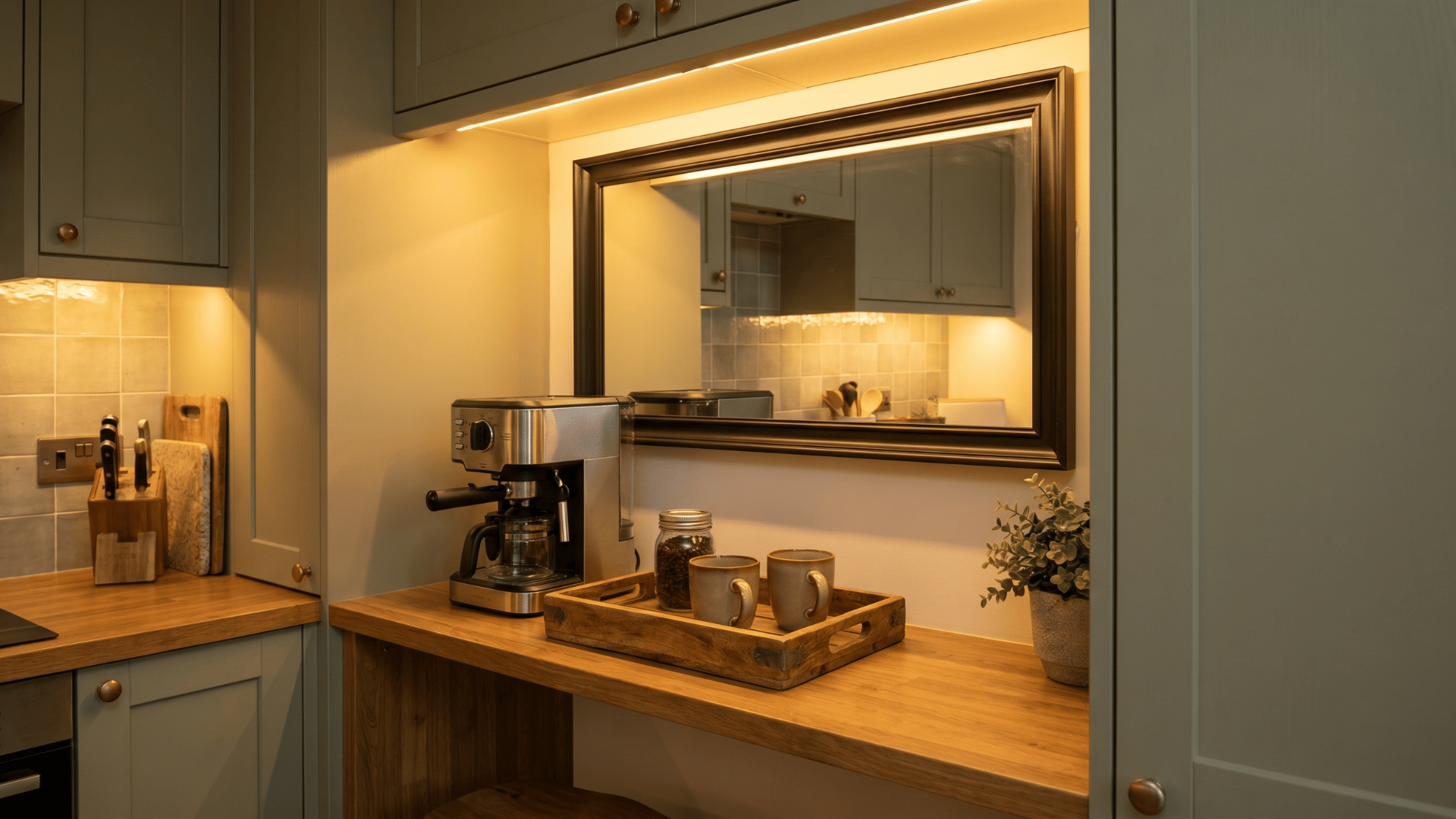 _Mirror above a small kitchen coffee station with warm lighting