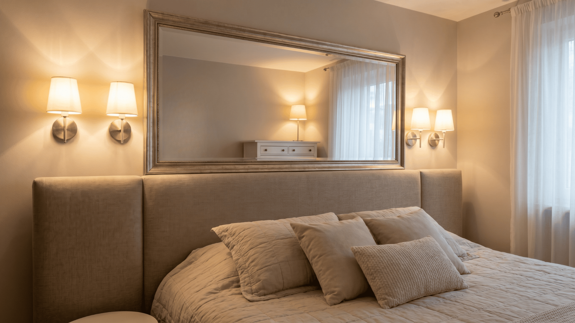 Mirror behind a bed headboard with wall sconces on both sides (1)
