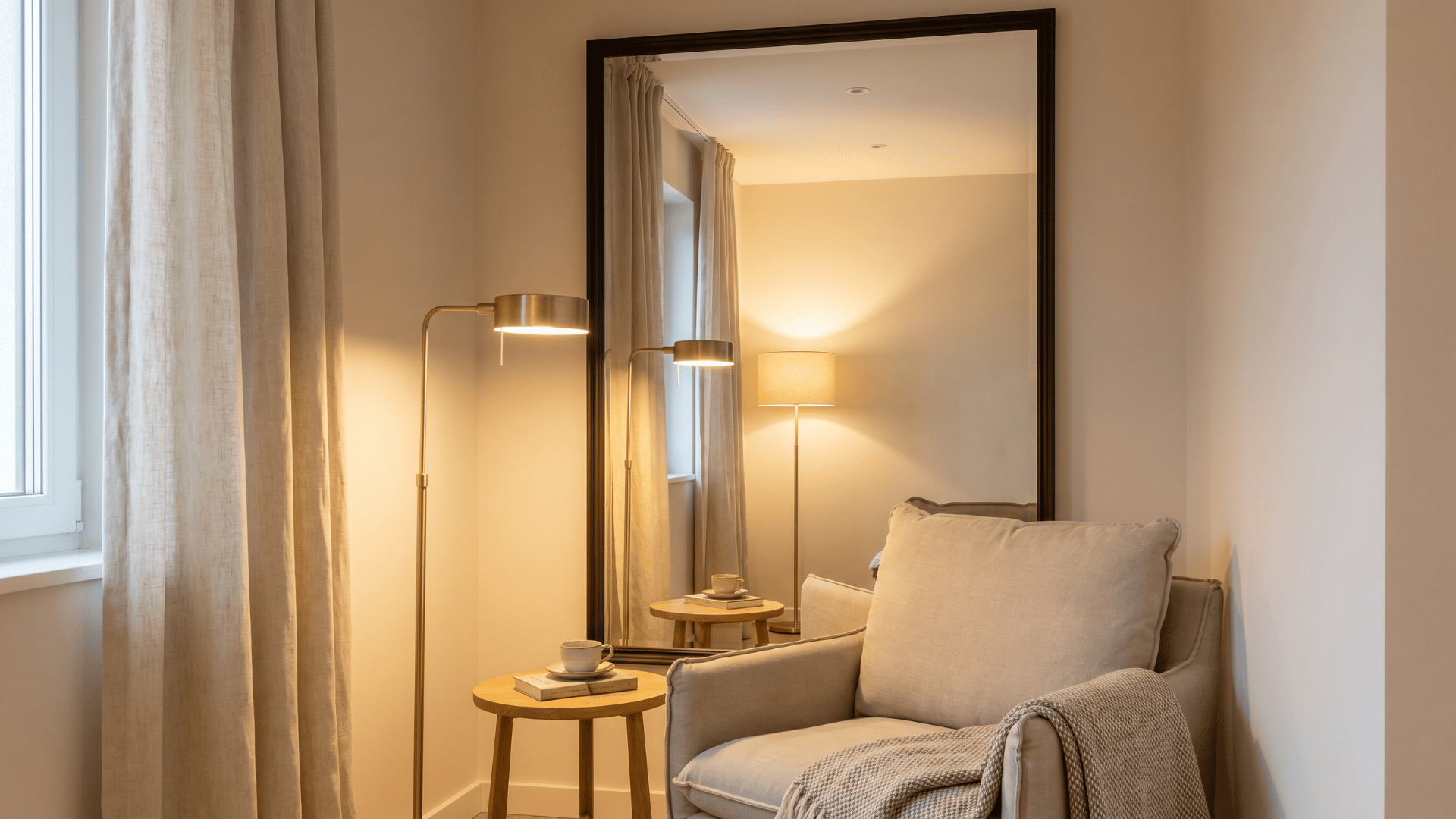 Mirror behind a reading chair with a floor lamp in a cozy corner