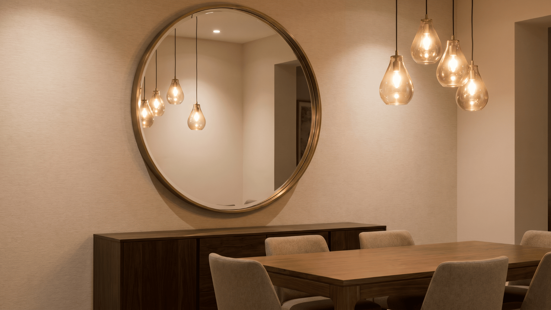 Mirror reflecting pendant lights in a dining room