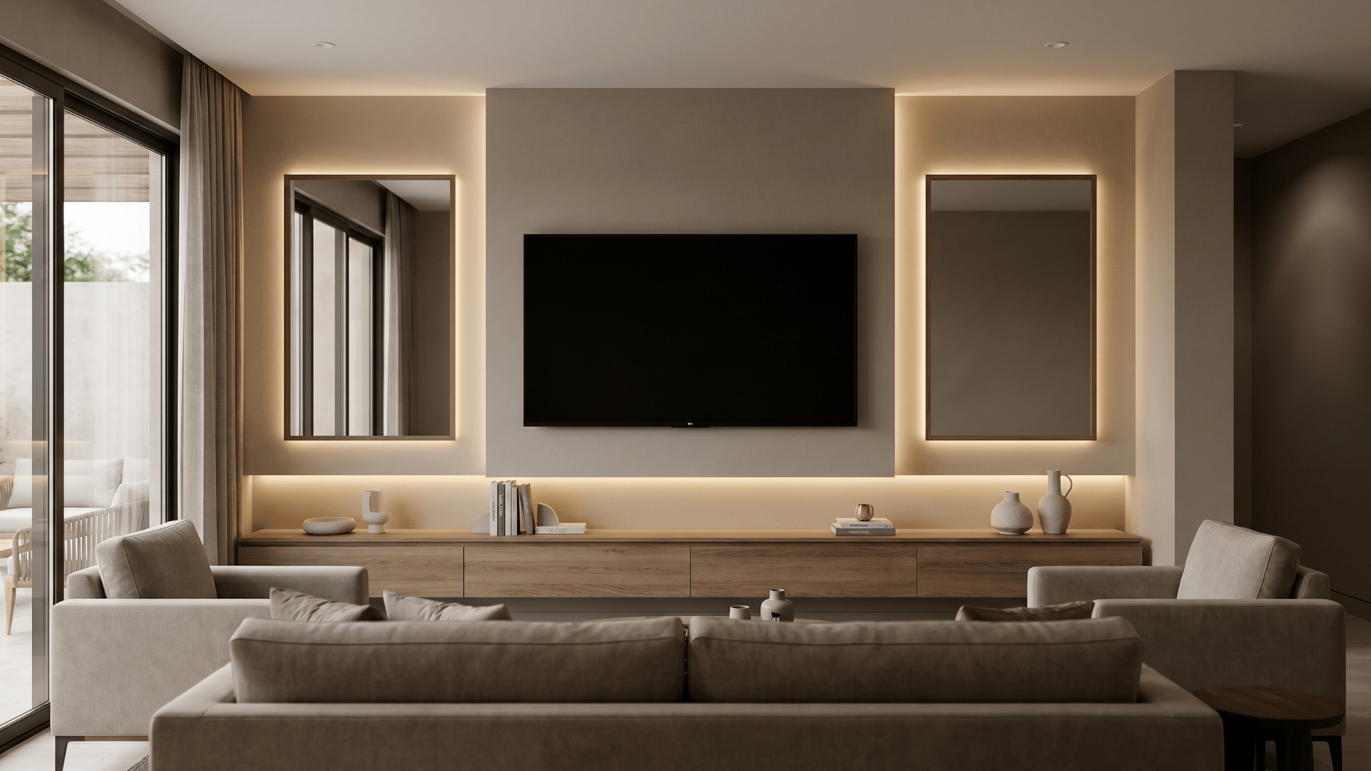 Mirrors placed beside a wall-mounted TV in a living room Then the 25 items follow exactly as outlined above.