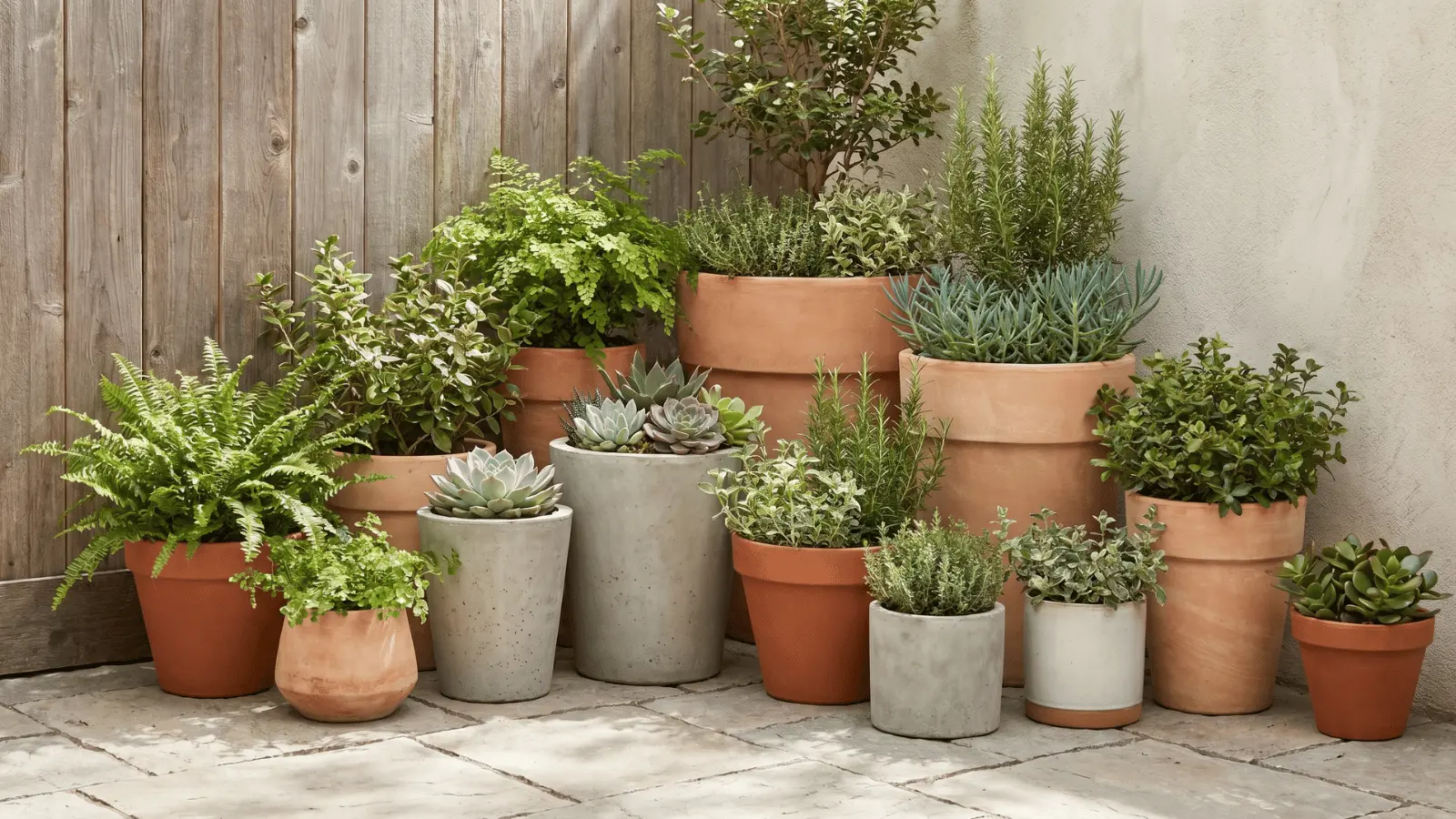 Mixed-size pots with various plants grouped in a patio corner